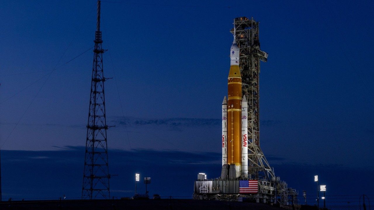 NASA's SLS rocket with the Lockheed Martin-built Orion spacecraft at LC-39B at Kennedy Space Center.